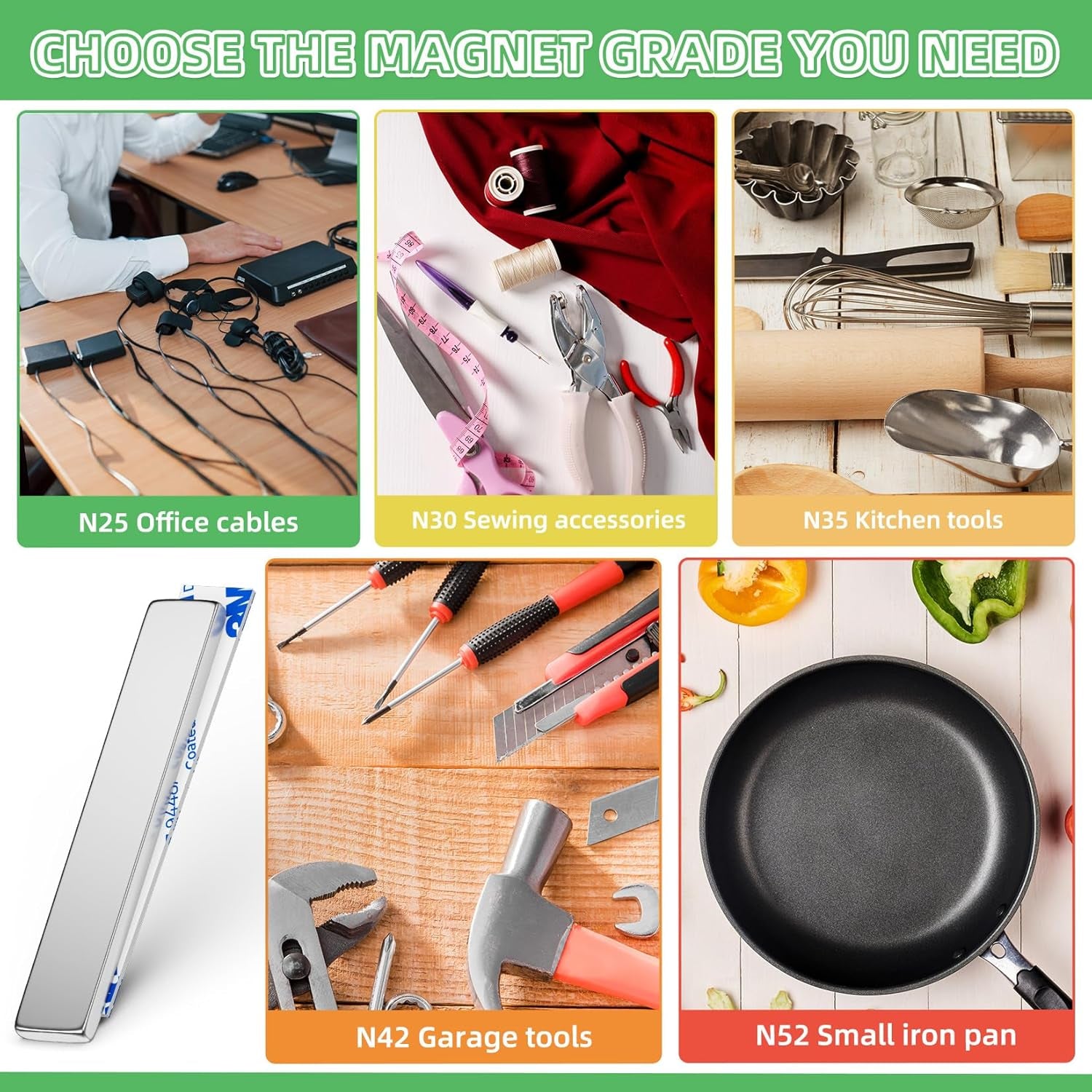 Neodymium Bar Magnets - 6 Pack High-Strength Magnets with Double-Sided Adhesive, Ideal for Heavy-Duty Applications in Home, Garage, Kitchen, and Crafts - 60x10x3 mm (N52)