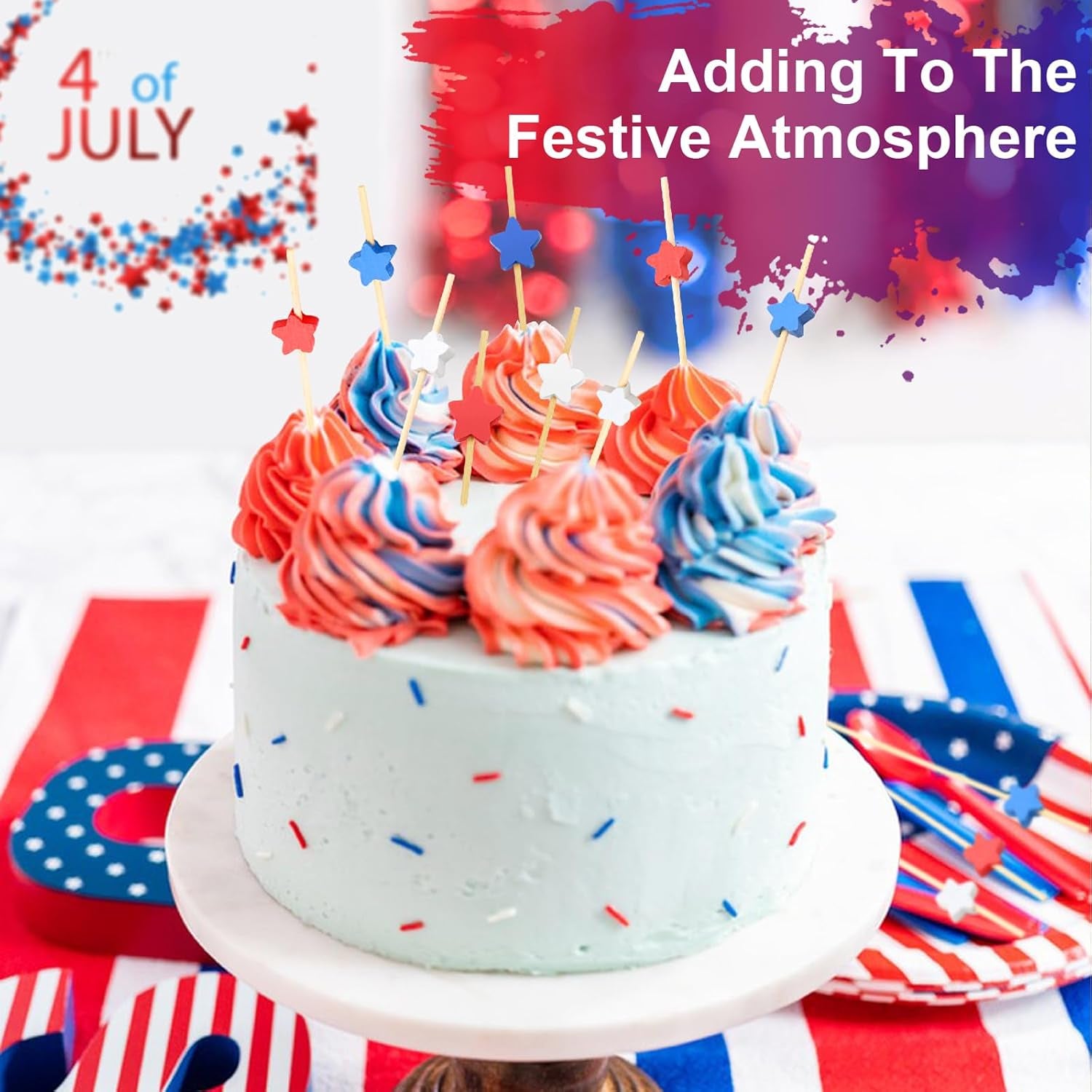 100PCS 4Th of July Cocktail Picks, Red White Blue Star Bamboo Toothpicks for Appetizers, 4.7 in Charcuterie Skewers Sticks for Fourth of July Party Supplies Independence Day Patriotic Decorations