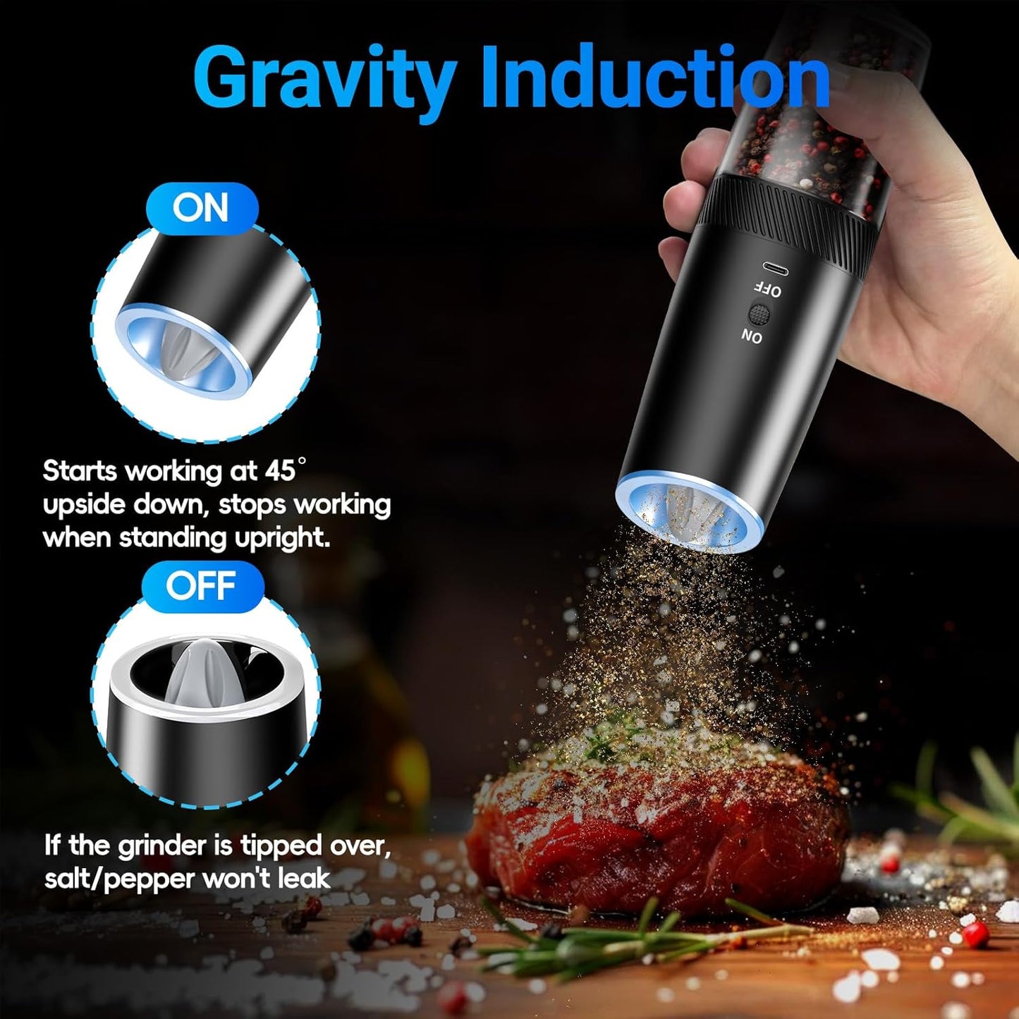 Rechargeable Electric Salt and Pepper Grinder Set with LED Light, Type-C Fast Charging, Adjustable Coarseness, Large Capacity for Kitchen, Restaurant, and Outdoor Use (2 Pack)