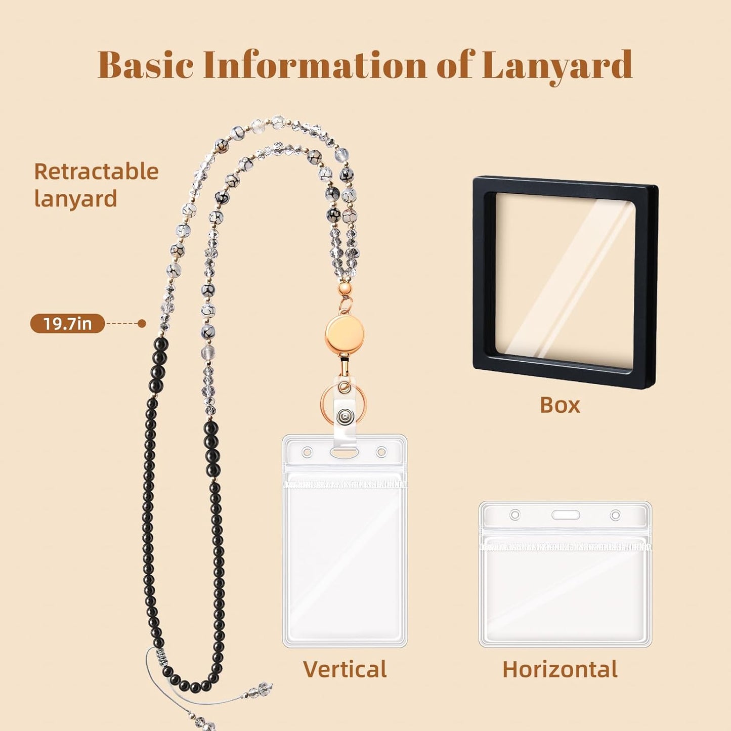 Teacher Lanyards for Id Badges and Keys, Retractable Natural Stone Beaded Lanyard for Women Cute with Id Holder, Black