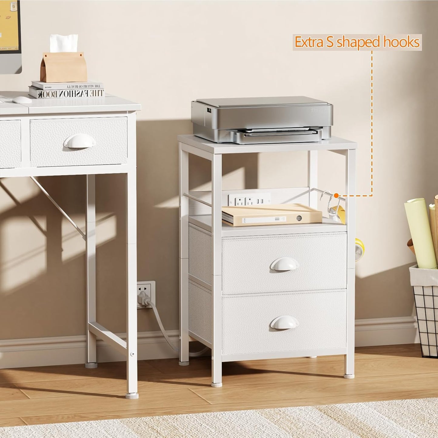 Nightstands Set of 2, Night Stands with Charging Station, Side Tables with 2 Fabric Drawers, End Tables with Storage Shelves, for Bedroom, White