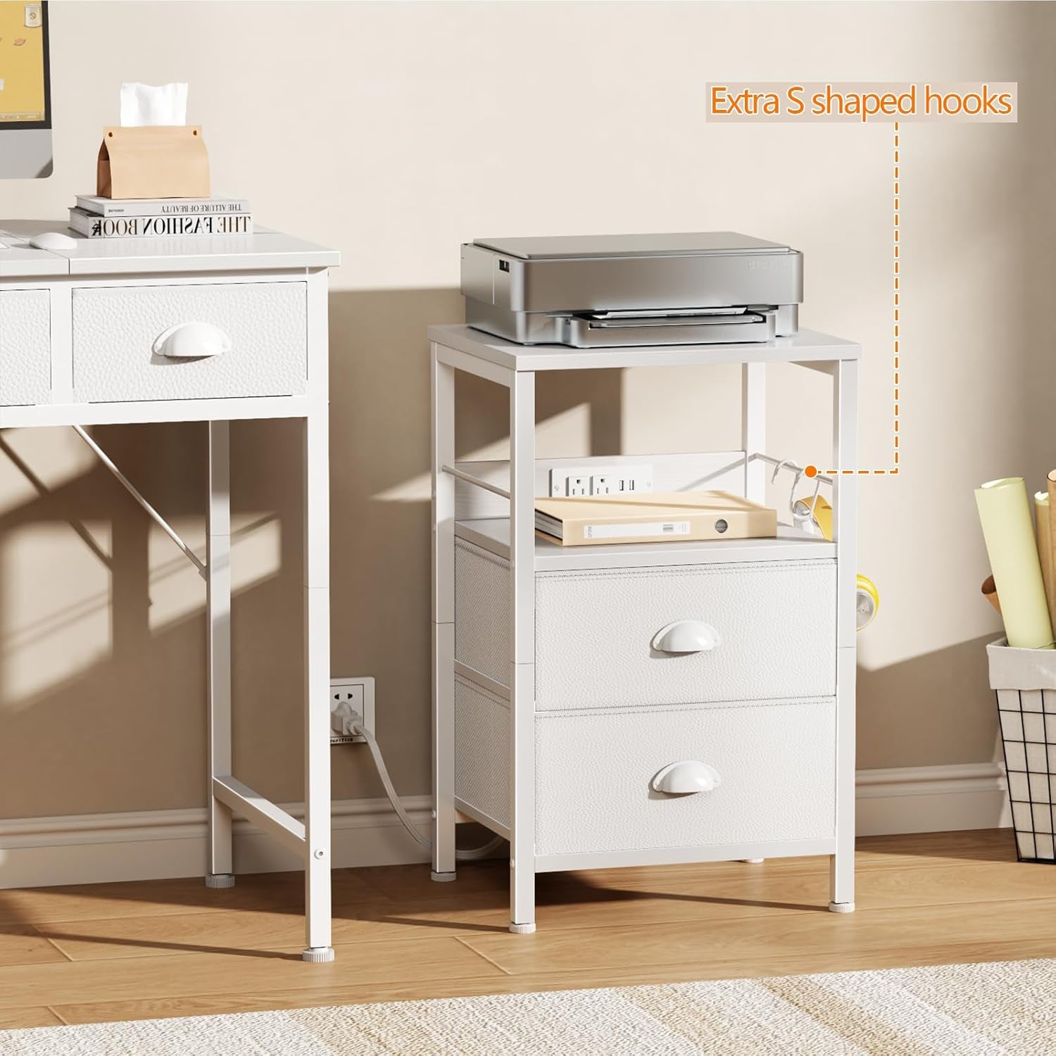 Nightstands Set of 2, Night Stands with Charging Station, Side Tables with 2 Fabric Drawers, End Tables with Storage Shelves, for Bedroom, White