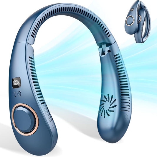 Portable Neck Fan Rechargeable,Personal Fans for Your Neck Battery Operated,Bladeless Folding Neck Fans That Blow Cold Air,Cooling Neck Fan Hands Free,Wearable Necklace Fan for Women Men Kids Blue