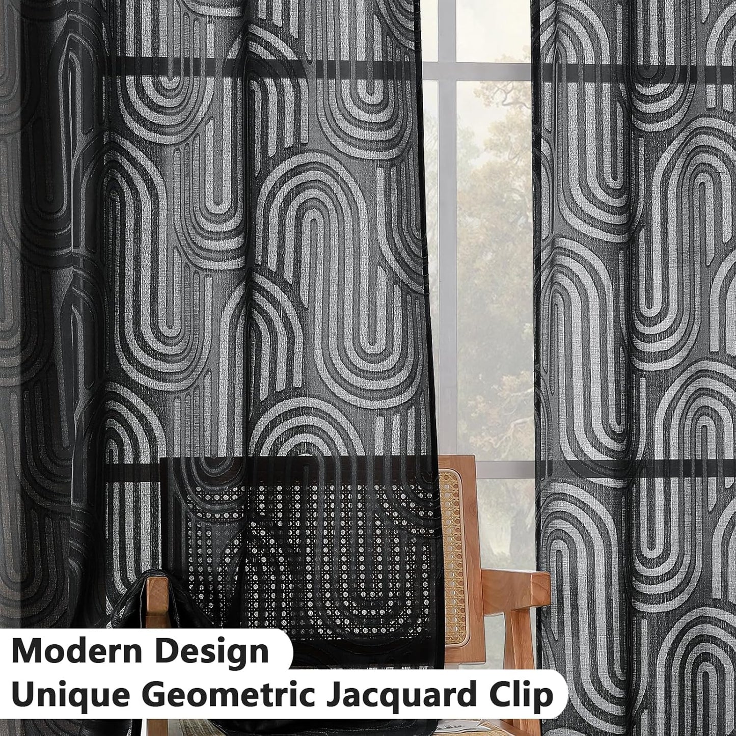 Sheer Black Curtains Kitchen 36 Inch Length 2 Panels Set for Window, Soft Airy Geometric Jacquard Semi Sheer Curtains for Bathroom, Modern Rod Pocket Window Curtains, 42Wx36L Inches