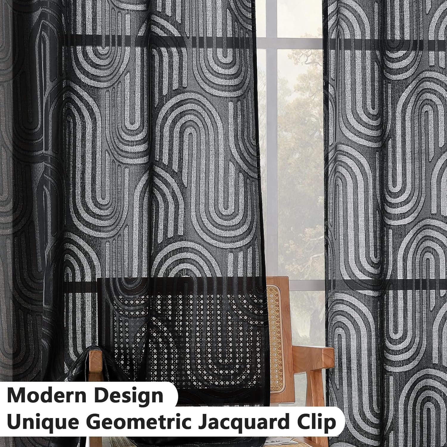 Sheer Black Curtains Kitchen 36 Inch Length 2 Panels Set for Window, Soft Airy Geometric Jacquard Semi Sheer Curtains for Bathroom, Modern Rod Pocket Window Curtains, 42Wx36L Inches