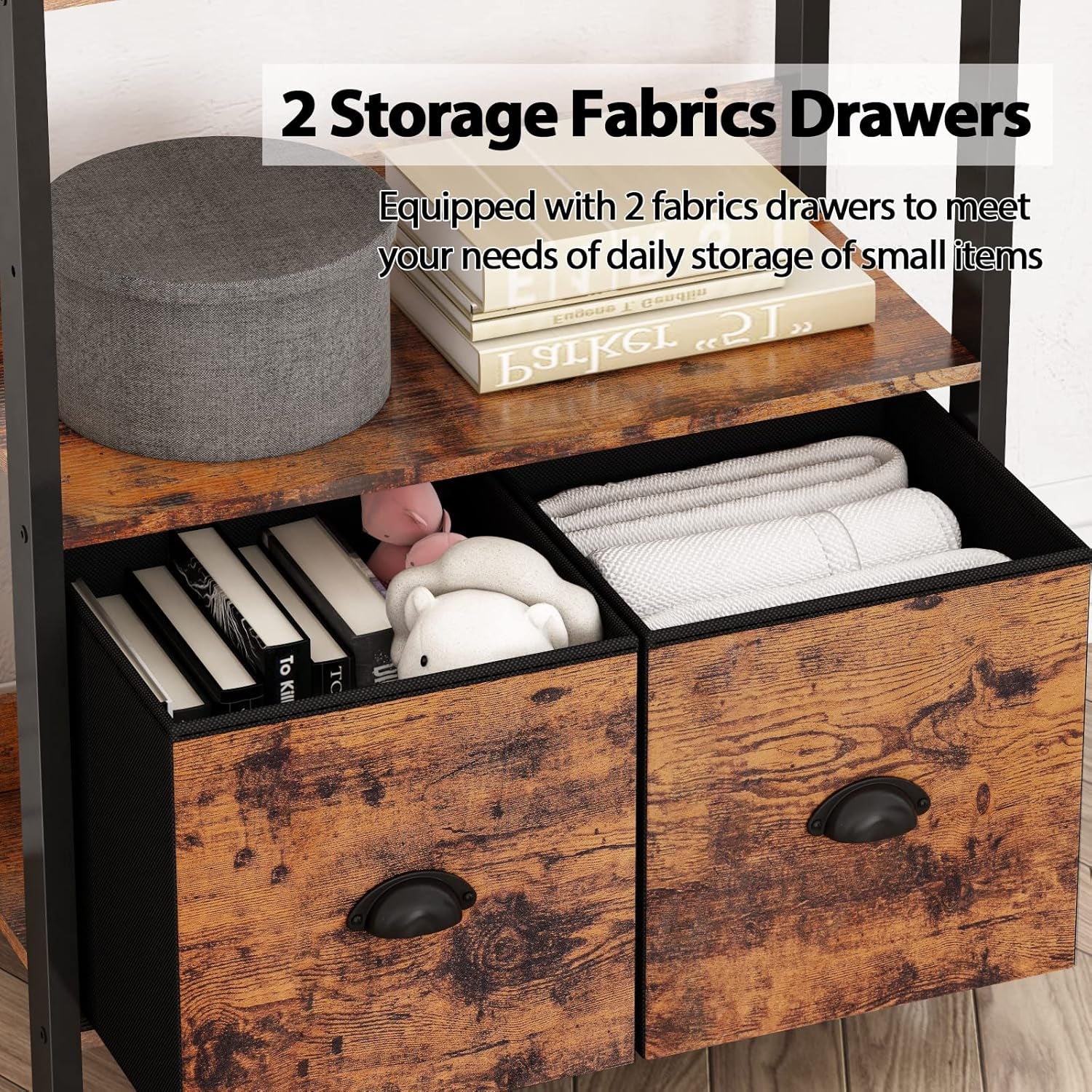 5-Tier Bookshelf, Tall Bookcase with 2 Storage Drawers, Industrial Display Standing Shelf Units, Wood and Metal Storage Shelf for Living Room, Bedroom, Home Office, Rustic Brown