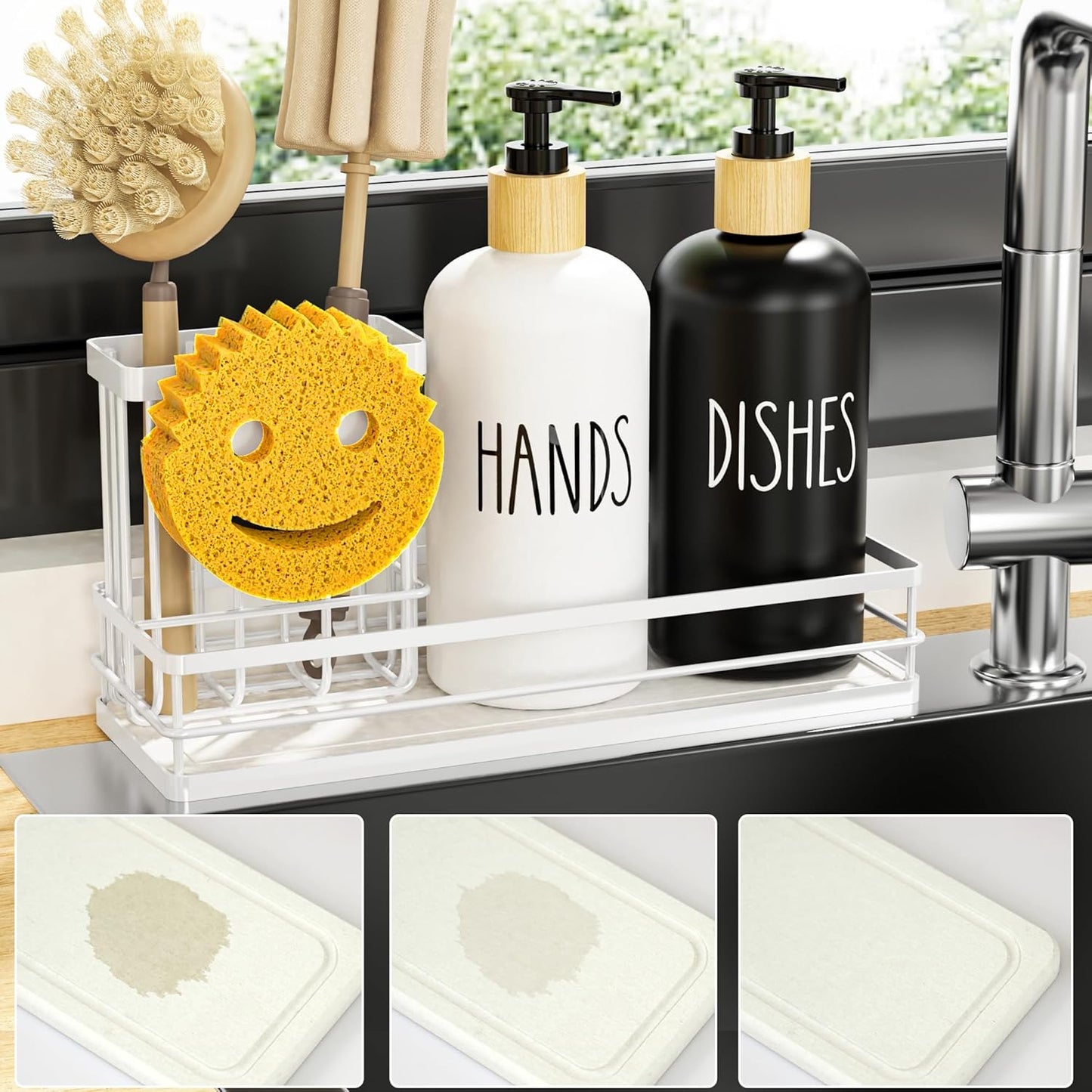 Kitchen Dish Soap Dispenser Set, 16OZ Glass Bottle, Hand and Dish Soap Dispenser Set, Instant Dry Tray, Non-Slip Silicone Pad, Brush Holder with Smiley Face Sponge Holder, Kitchen Decor