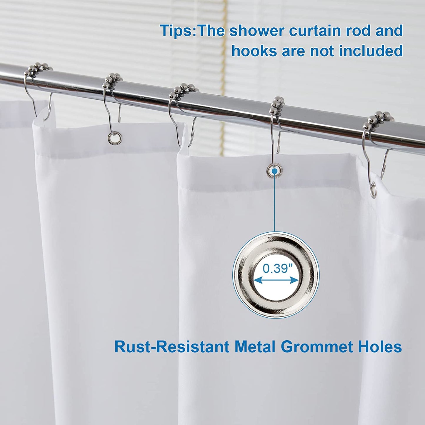 White Shower Liner Cloth Waterproof, 120G Heavy Duty with Weighted Stones and bath 12PCS Black Shower Curtain Hooks Elliptical Heavy Duty Design