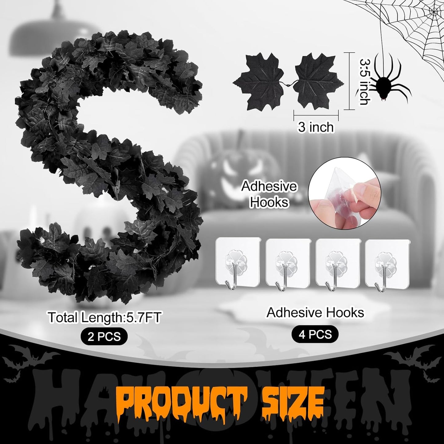 2 Pack Halloween Garland, 5.7FT Black Leaf Garland for Mantle, Artificial Hanging Black Maple Leaves Vines, Spooky Halloween Outdoor Floral, Haunted Mansion, Fireplace, Fall Decor