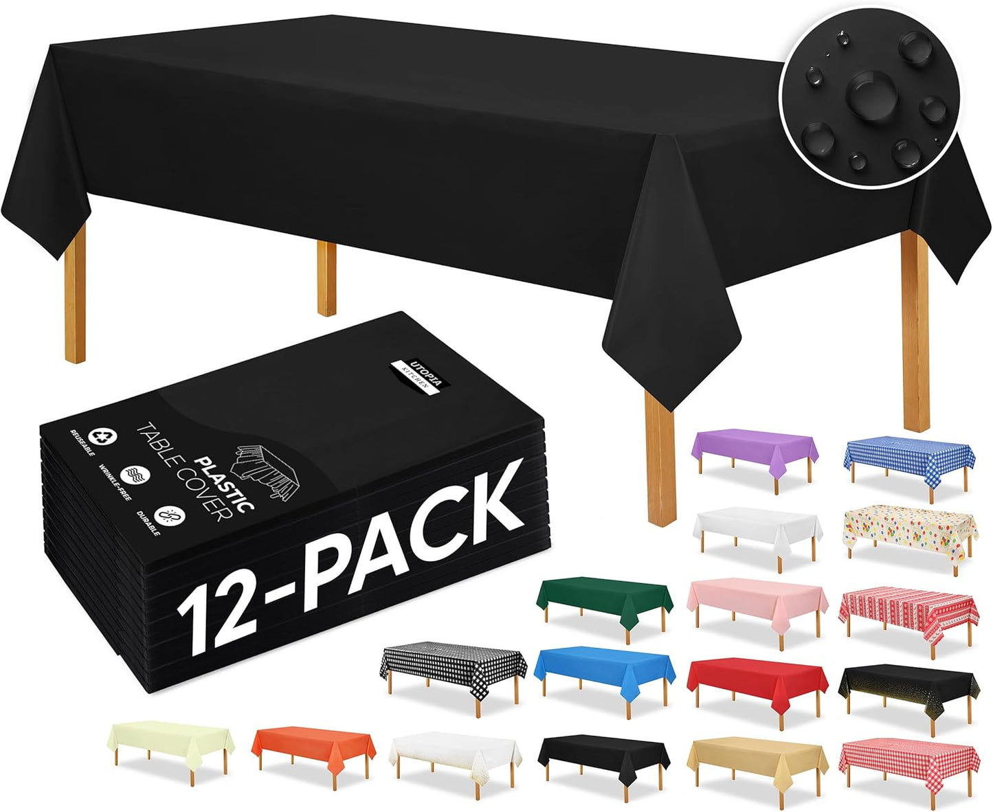 Plastic Table Cloth Disposable (12 Pack - 54X108 Inch) Black Rectangle Tablecloth Waterproof Stain Resistant Party Table Cover