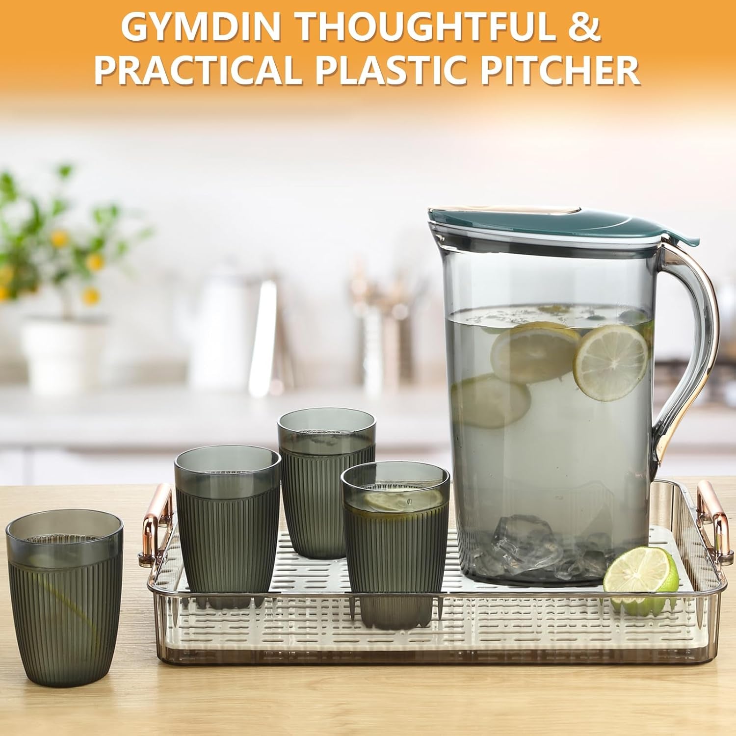 2.1 Liter/70.6 Oz Plastic Water Pitcher with Lid - Iced Tea Pitcher for Fridge and 4 Cups, BPA Free, Shatterproof, Great for Iced Tea, Lemonade, Juice, Green