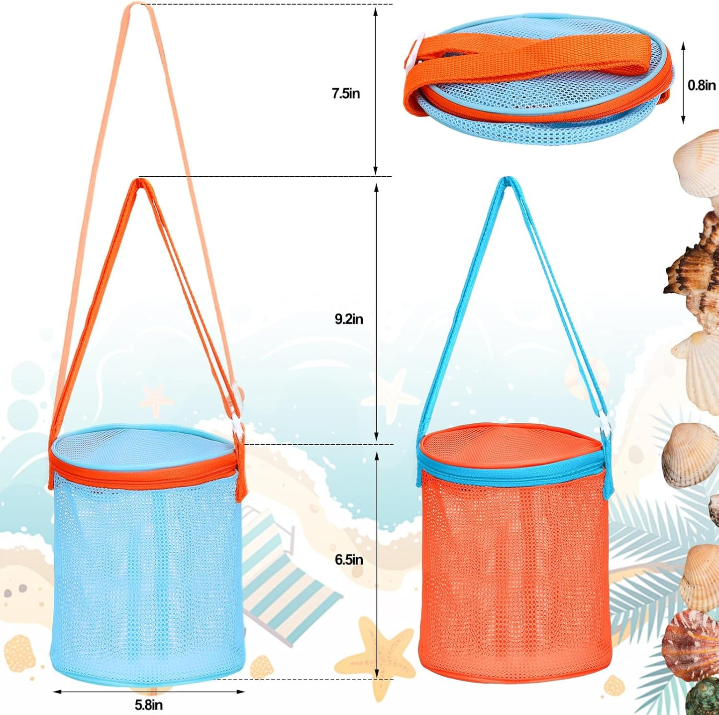Sea Shell Bags for Beach,2Pcs Mesh Seashell Holder,Shelling Collecting Tools Travel Sand Toys Storage Bucket for Sandbox,Beach Vacation Essentials for Kids,The Beach Must Haves Sand Box Toy Bag