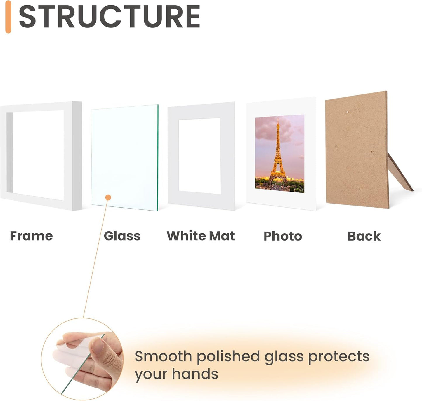 12X12 Picture Frame Made of High Definition Glass, Display Pictures 8X8 with Mat or 12X12 without Mat, Gallery Wall Frame Set, White
