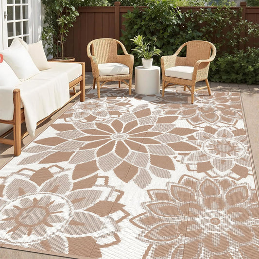 Reversible Waterproof Outdoor Rug for Patio, 6' x 9' Plastic Straw Area Mat, Ideal for RVs, Decks, Porches, Picnics, Beaches, and Balconies in Brown and White