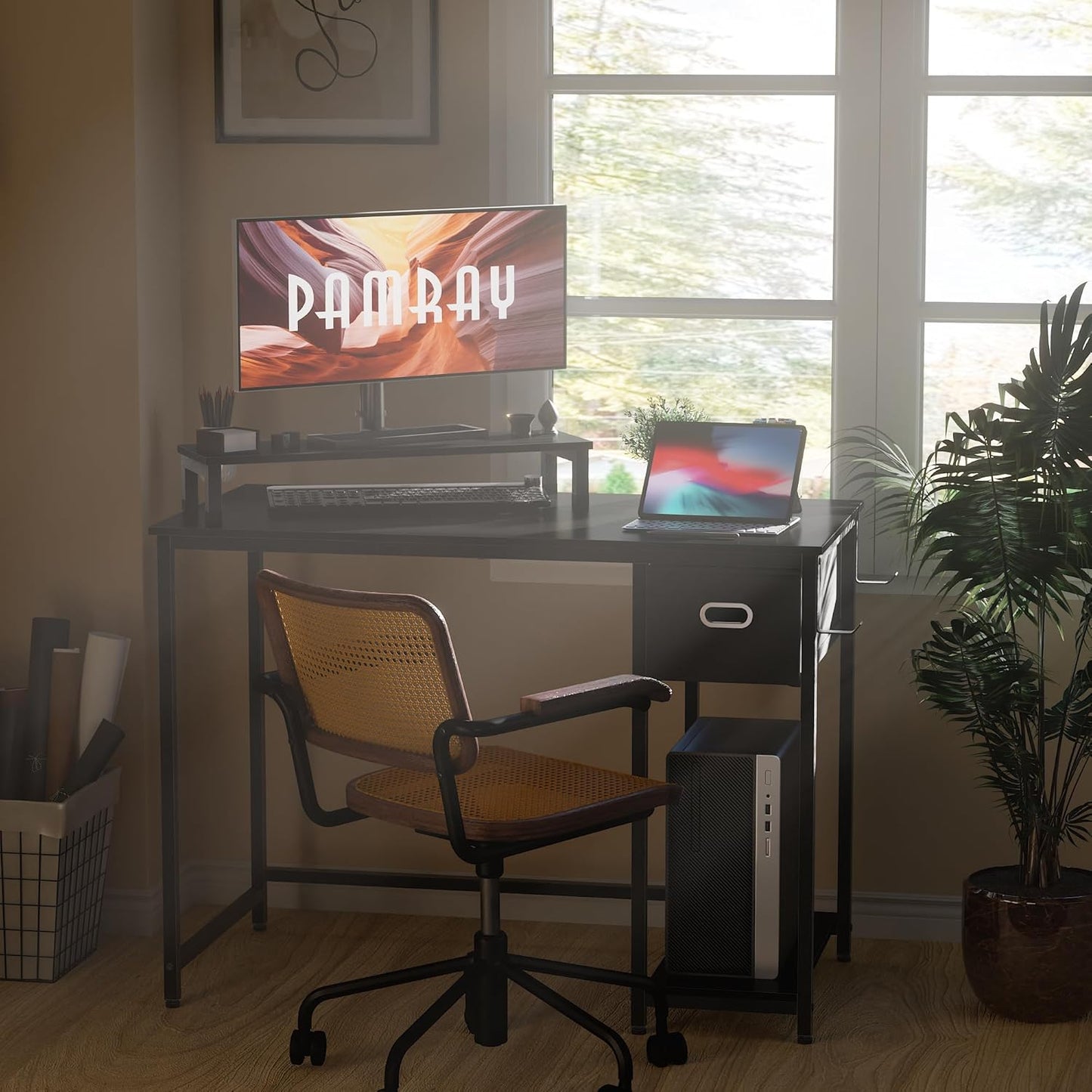 39 Inch Computer Desk with Monitor Stand Small Home Office Desks with Non-Woven Storage Drawer for Bedroom Study Table Writing and Work Desk Orange