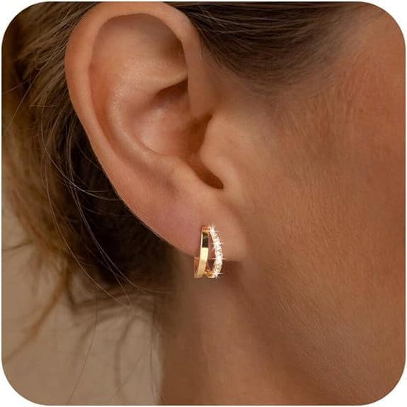Small Huggie Hoop Earrings for Women, 14K Gold Plated Double Hoop Earrings, Cubic Zirconia Huggies Mini Hoop Earrings for Teen Girls