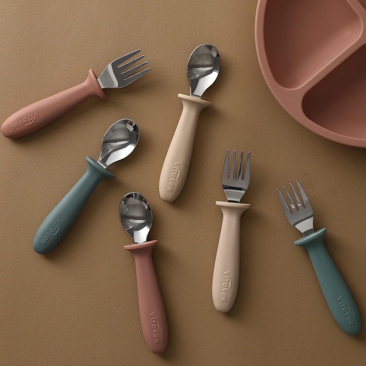 6 Pieces Toddler Utensils, Kids Silverware Set with Silicone Handle, Children Safe Spoons and Forks, 18/8 Stainless Steel, Food-Grade Silicone - Dishwasher Safe