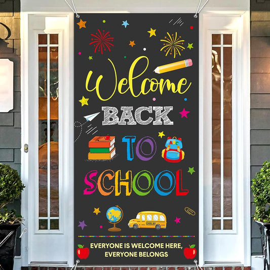 Back to School Banner Welcome Back to School Door Cover Backdrop Polyester Hanging Banner Front Door Porch Sign for First Day of School Classroom Indoor Outdoor Decorations, 70.8 X 35.4Inch