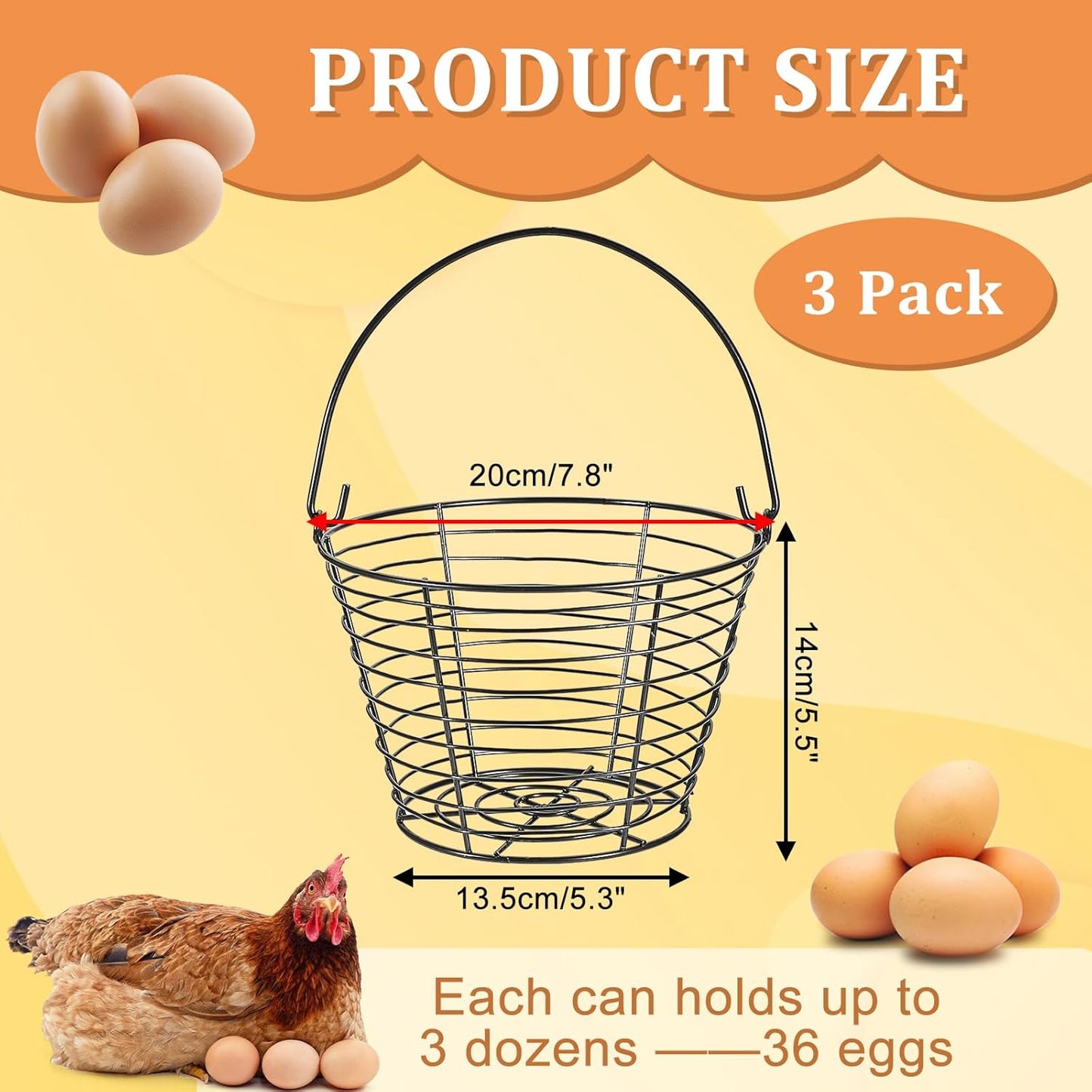 Set of 3 Black 8-Inch Round Wire Egg Baskets with Handle for Collecting Fresh Chicken and Duck Eggs, Ideal Countertop Storage Solution