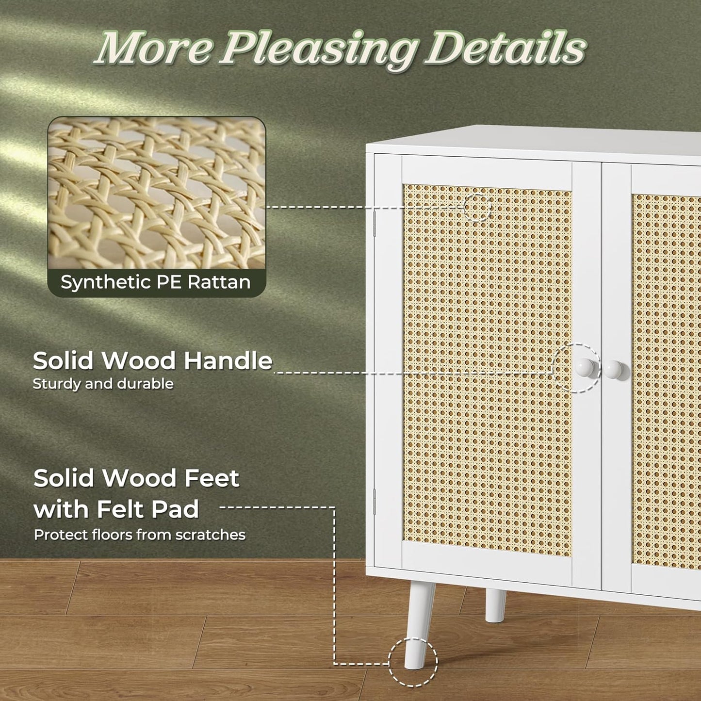 Buffet Cabinet with Storage and PE Rattan Decorative Doors, Featuring Solid Wood Legs for Hallway, Entryway, and Living Room - White Finish