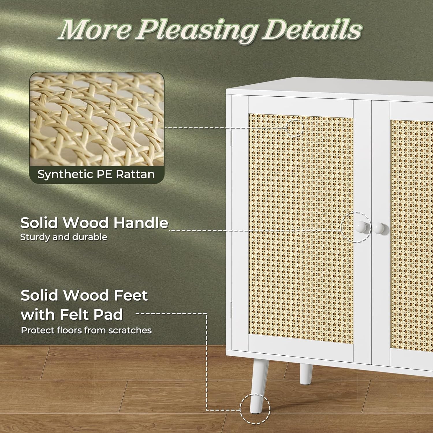 Buffet Cabinet with Storage and PE Rattan Decorative Doors, Featuring Solid Wood Legs for Hallway, Entryway, and Living Room - White Finish