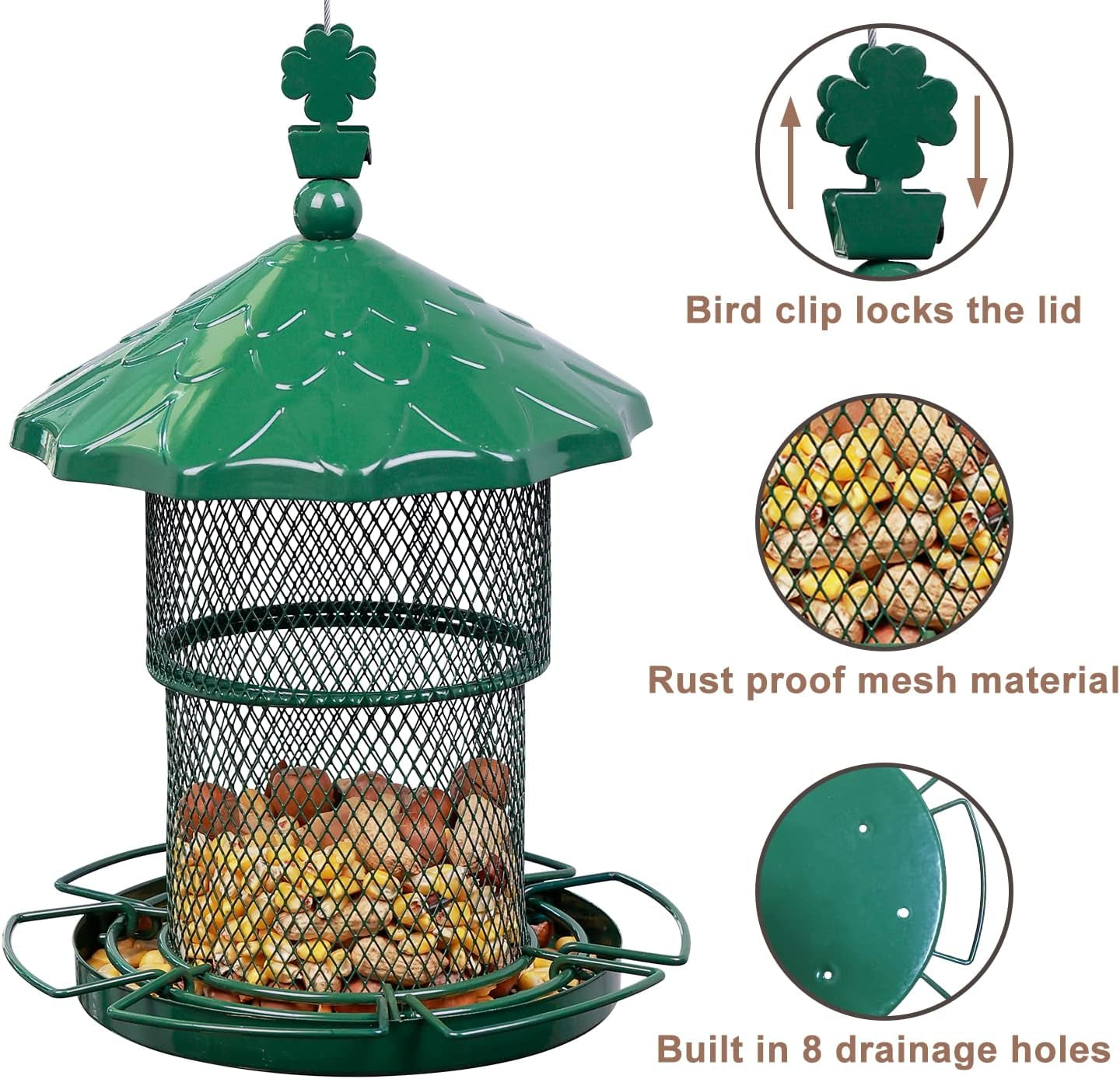 Metal Bird Feeder Tube Hanging Bird Seed Feeder Squirrel Proof Birds Feeder for outside Decoration, Large Capacity Feeder for Outdoor Garden,Green