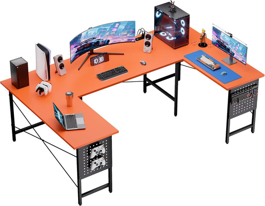 71 Inch Large Computer Desk with Power Outlets,U Shaped Corner Desk for Home Office Work and Gaming Orange