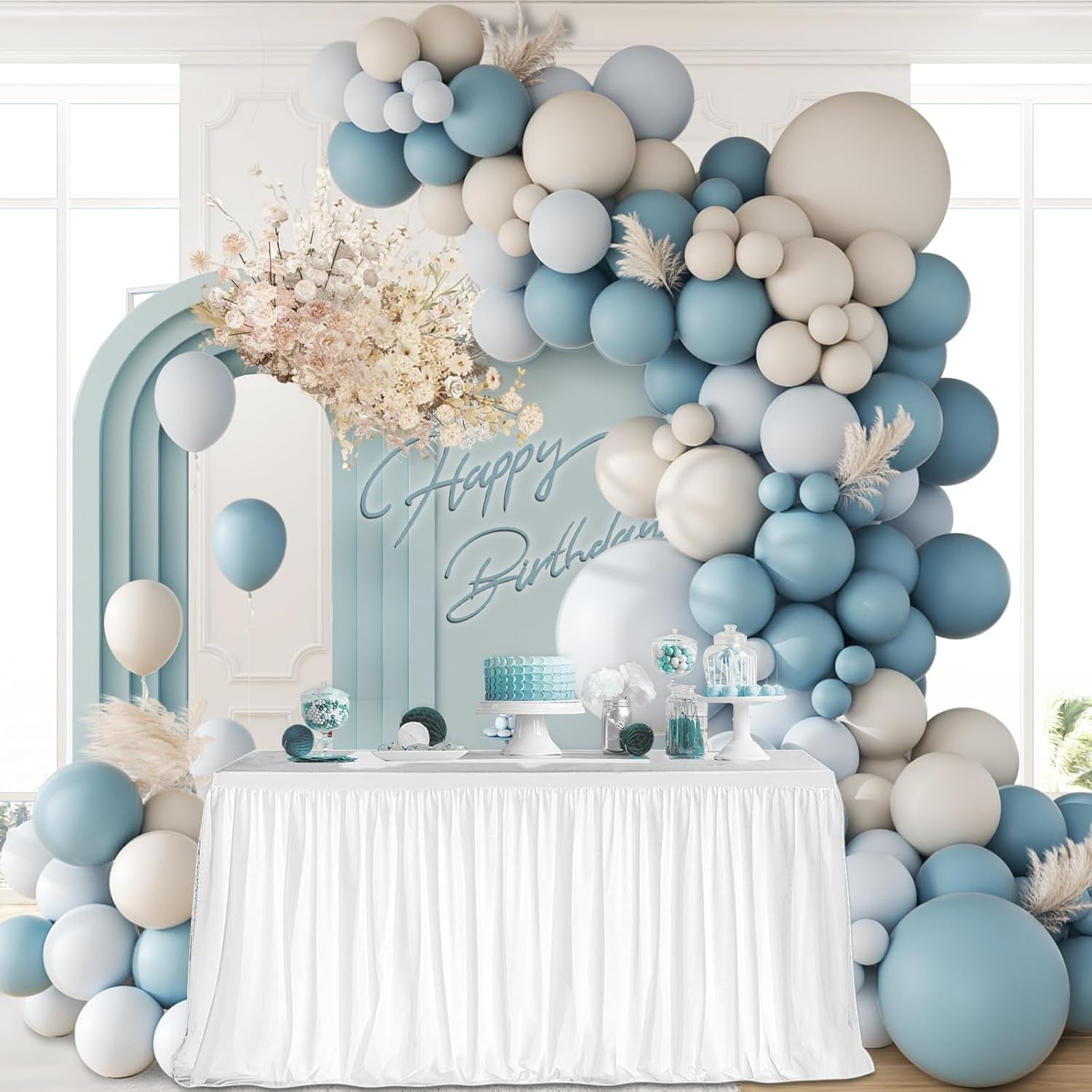 141Pcs Dusty Blue Balloons, Dusty Blue Balloon Arch Kit with White Sand Balloons for Gender Reveal Baby Shower Birthday Party Decorations