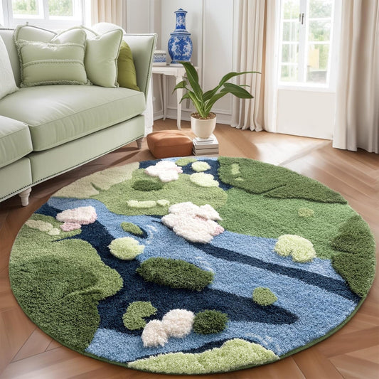 Modern Round Area Rug in Grass Green Moss - Non-Slip Shag Fluffy Carpet, Washable Circle Rug for Bedroom, Nursery, Girls' Room, Living Room, Playroom, and Dorm Decor (4x4 Ft)