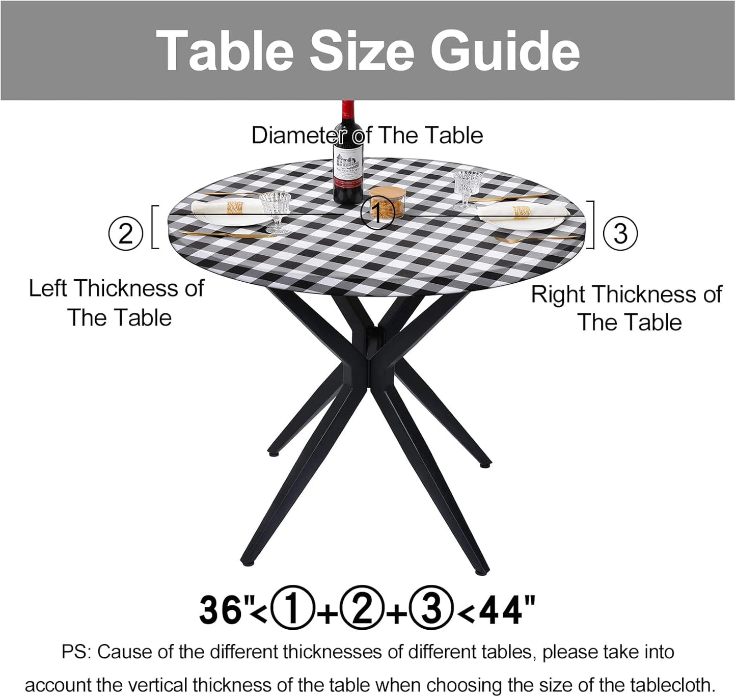 Waterproof Fitted Vinyl Tablecloth, 6FT Table Cover and round 36"-44" in Black and White, 2 Item Bundle