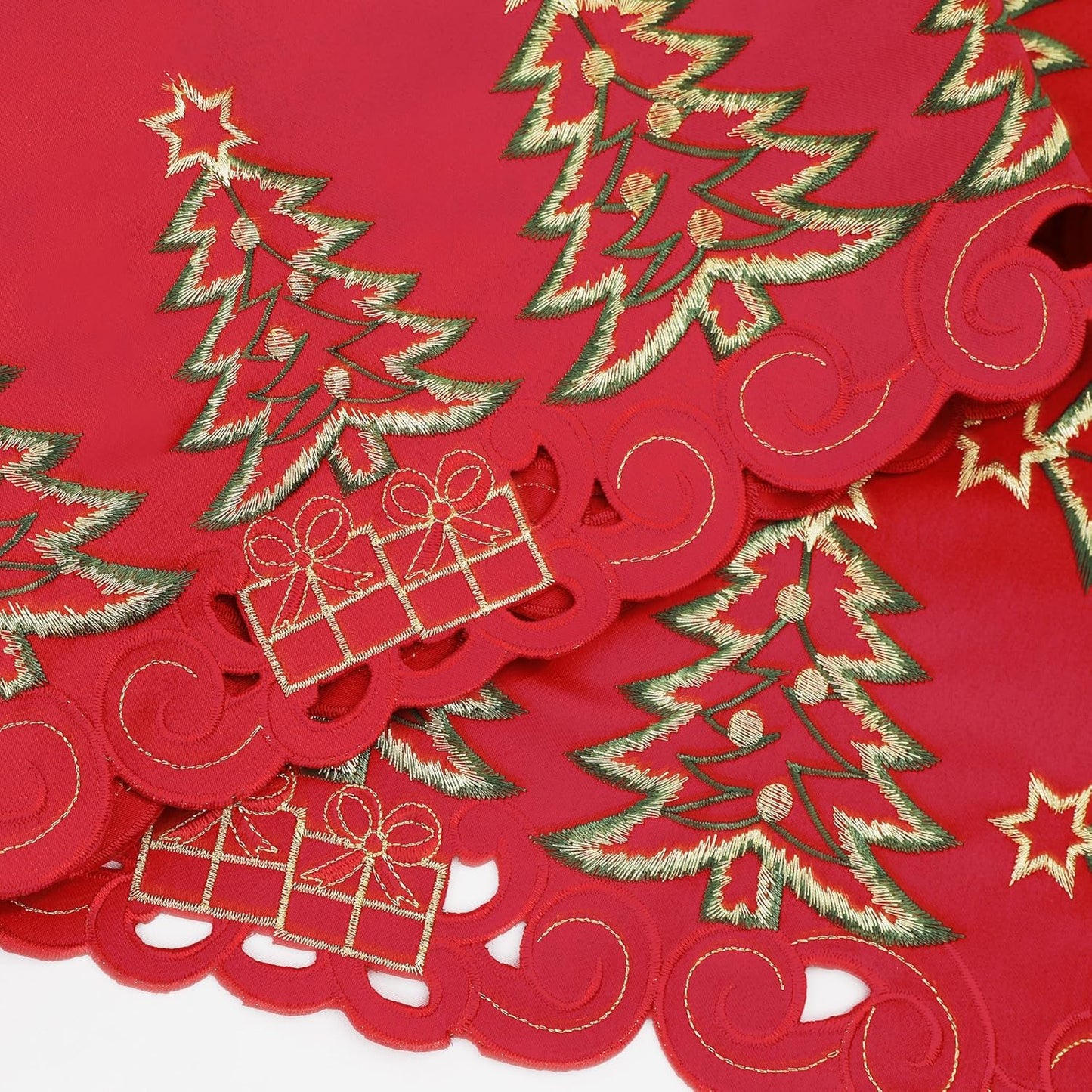 Red Christmas Table Runner 13X36 Inches Long, Embroidered Cutwork Christmas Table Runner with Green Christmas Tree and Gifts, Xmas Tree Dresser Scarf Winter Holiday Parties Kitchen Dinner
