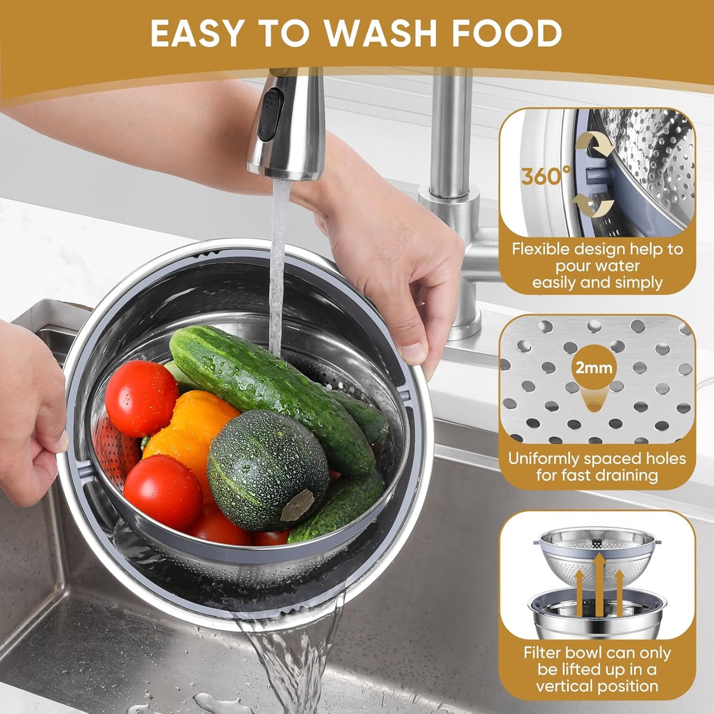 Mixing Bowls with Lids Set of 3, Stainless Steel Mixing Bowl and Colander for Kitchen, 3 Grater Attachments & Non-Slip Bottoms, Visible & Airtight Lid, Khaki