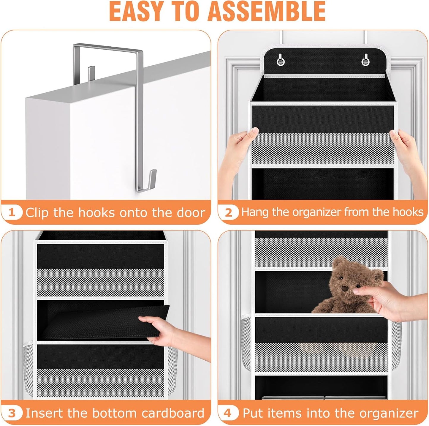 over the Door Organizer Storage 4 Shelves Large Capacity Hanging Bedroom Storage Solution with 6 Side Pockets for Dorm Bathroom Pantry Nursery and Baby Essentials Holds up to 40 Lbs (Black)