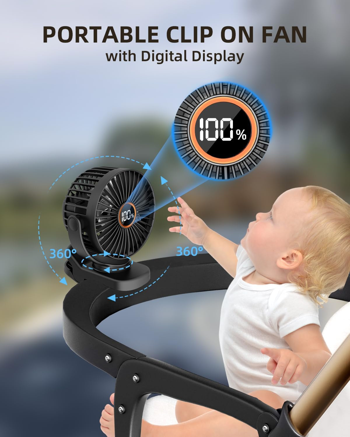 Mini Clip on Fan, Battery Operated Desk Fan, Digital Display,3 Speeds Adjustable, Bidirectional 360 ° Adjustable, Super Strong Wind, Portable Fan for Home Office Stroller Camping Black