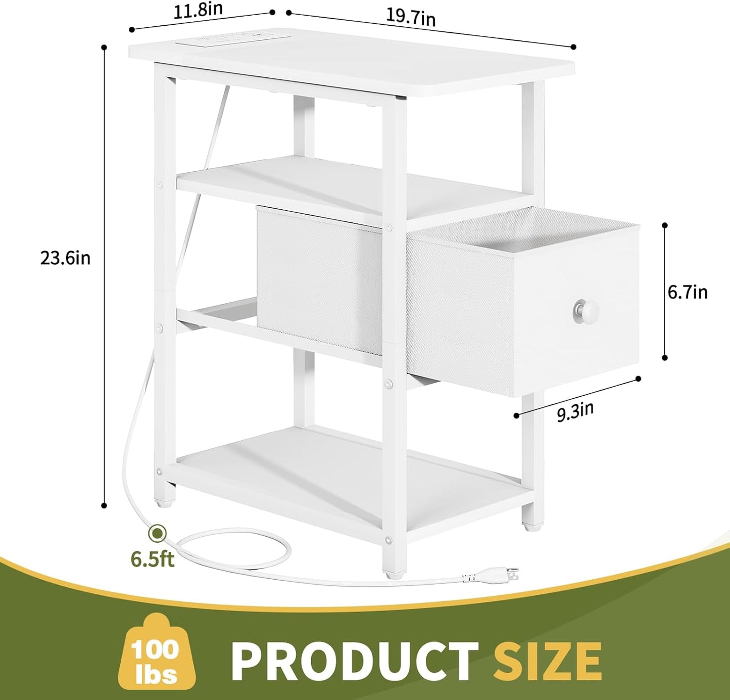 End Table with Charging Station, Narrow Side Table with Adjustable Fabric Drawer, 3-Tier End Tables Living Room, Small Nightstand with Outlets, LED Skinny Night Stand for Bedroom Small Spaces