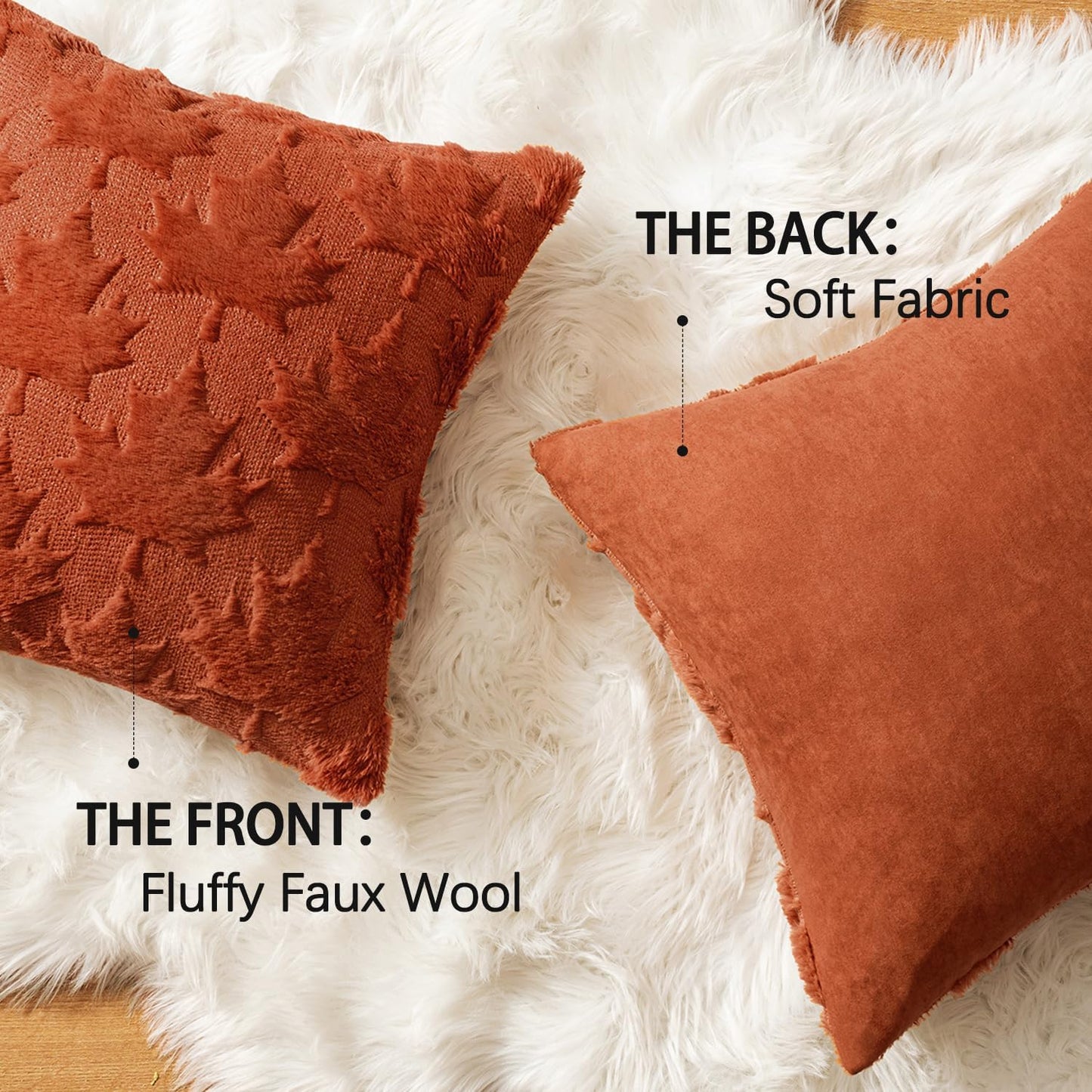 Fall Autumn Throw Pillow Covers 18X18 Burnt Orange Set of 2 Thanksgiving Decorative Solid Maple Leaf Accent Pillow Cases Soft Plush Faux Wool for Home Decor Holiday Outdoor Porch Bedroom