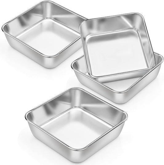 Square Baking Cake Pans, Small Stainless Steel Lasagna Brownie Pan for Birthday Cake Bread Pie, Non-Toxic & Durable, Smooth Rim & Leakproof, Oven & Dishwasher Safe, 6 Inch & 4 Pcs
