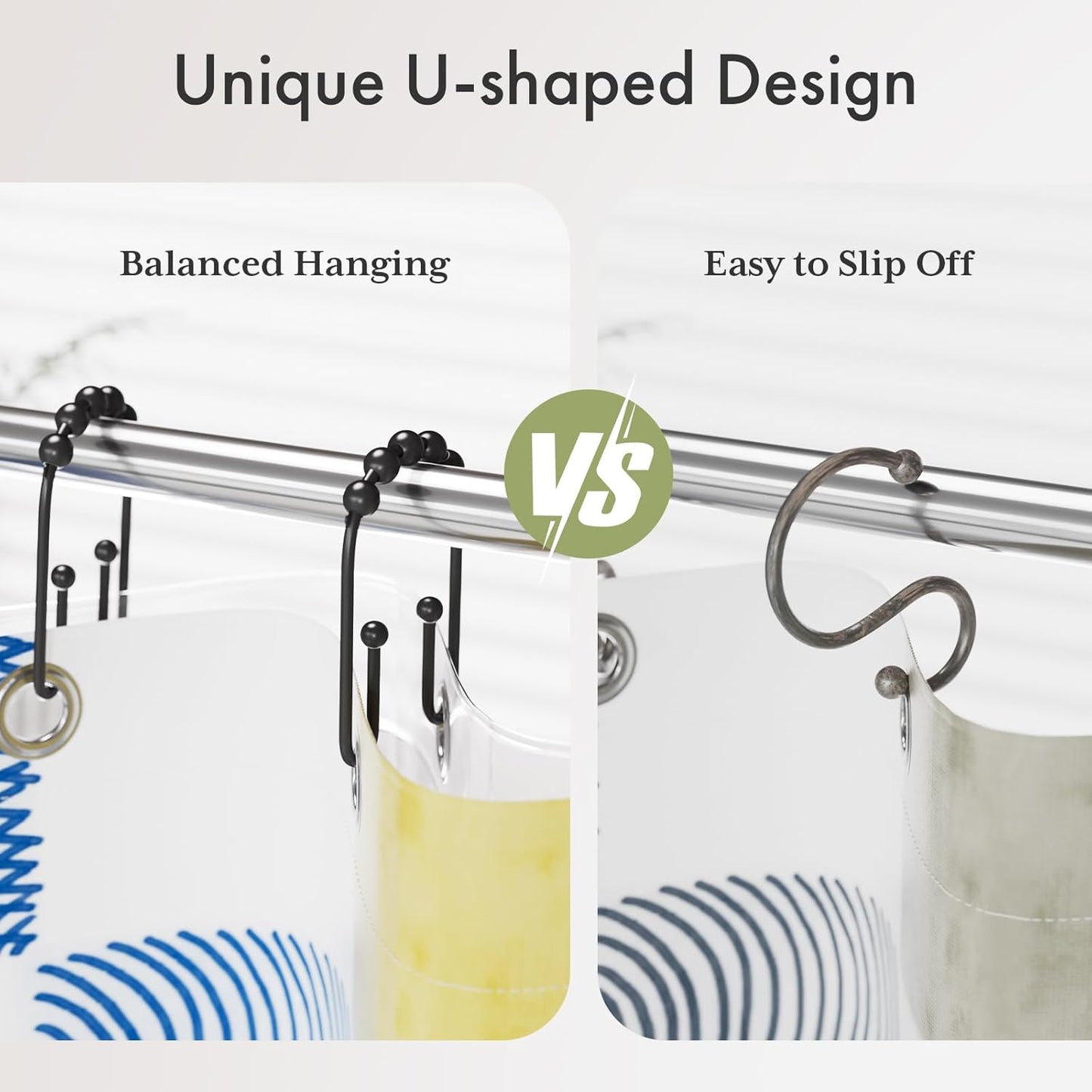 Shower Curtain Hooks, Black Rust Proof Non-Slip Double Hooks for Shower Curtain, Sturdy Metal Rings Bathroom 12Pcs