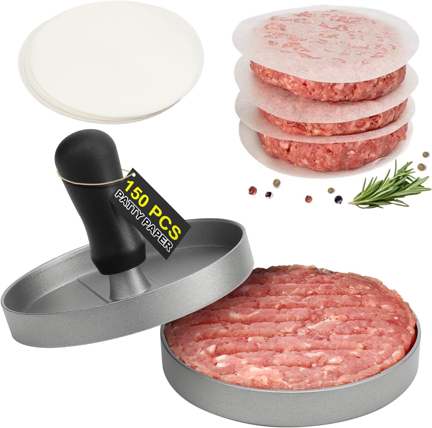Burger Press 150 Patty Papers, Non-Stick Hamburger Patty Maker with Wax Paper, Aluminum Burger Maker for Kitchen BBQ Grill