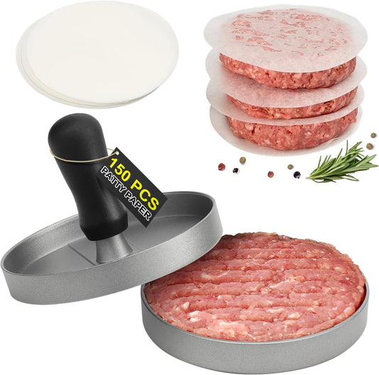 Burger Press 150 Patty Papers, Non-Stick Hamburger Patty Maker with Wax Paper, Aluminum Burger Maker for Kitchen BBQ Grill