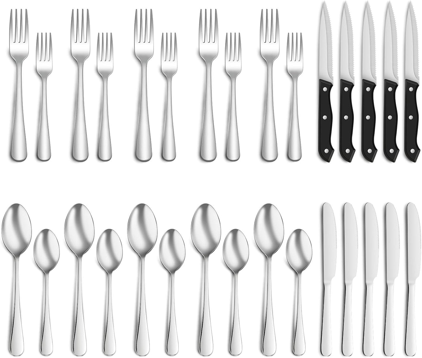 30-Pack Silverware Set with Steak Knives, Food-Grade Dishwasher Safe, Stainless Steel Utensils Set Includes Spoons Forks Knives for Home Restaurant Hotel