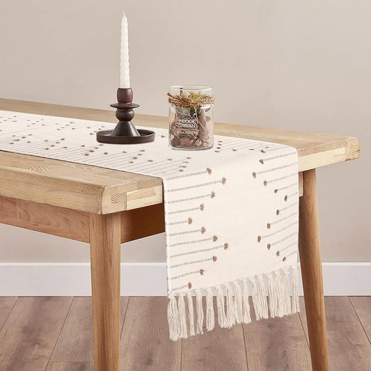 13 X 60 Inches Long Boho Table Runner with Tassels for Dining Room Kitchen Home Farmhouse Coffee Table Décor, Thanksgiving Christmas Decor, Modern Neutral Table Runners