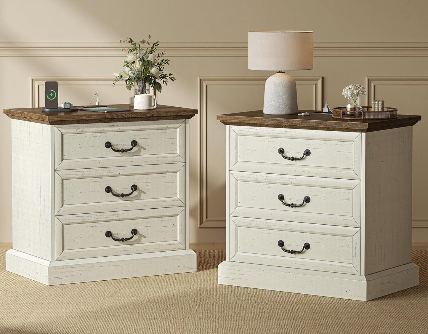 Farmhouse Nightstand Set of 2 with Charging Station and Vintage Handles, 22-Inch Wide Storage Side Table in Distressed White