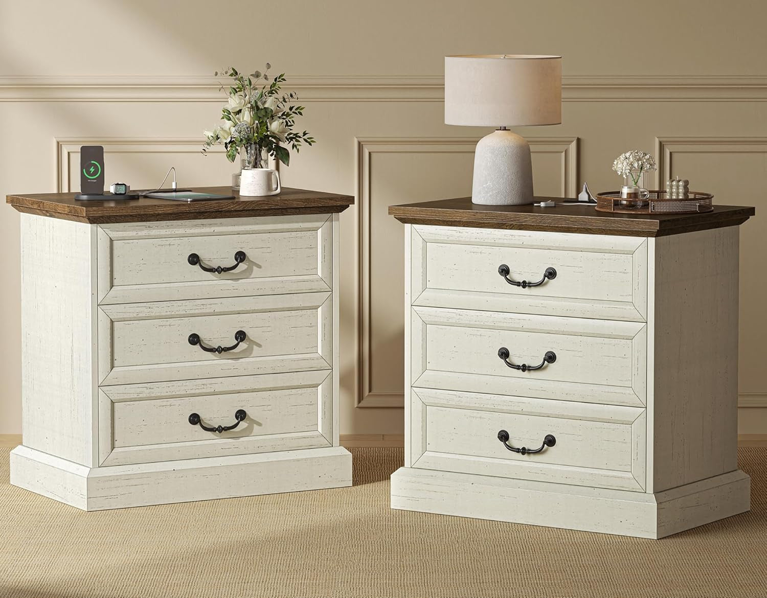 Farmhouse Nightstand Set of 2 with Charging Station and Vintage Handles, 22-Inch Wide Storage Side Table in Distressed White