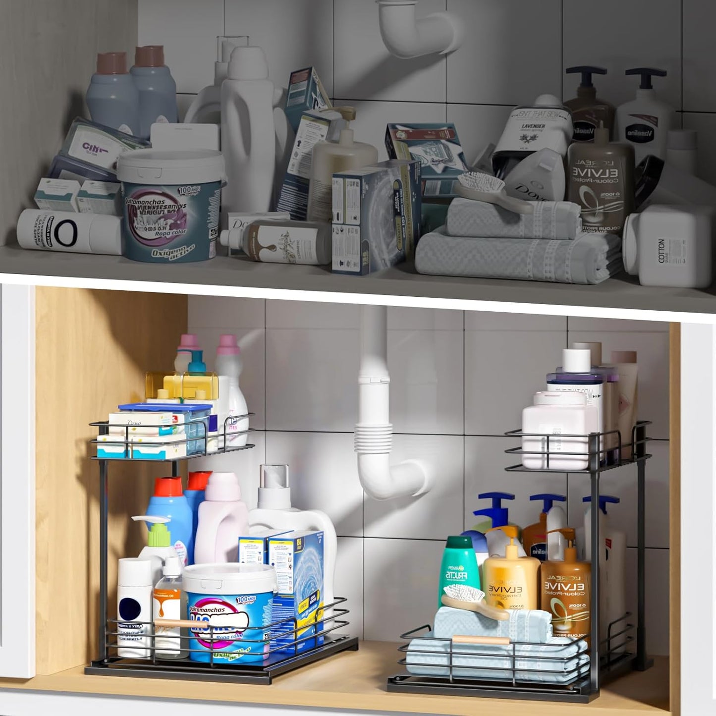 under Sink Organizers and Storage, 2 Tier Bathroom Kitchen Cabinet Organizers, Pull Out under Sink Storage Kitchen Shelf Organizer for under Counter Storage