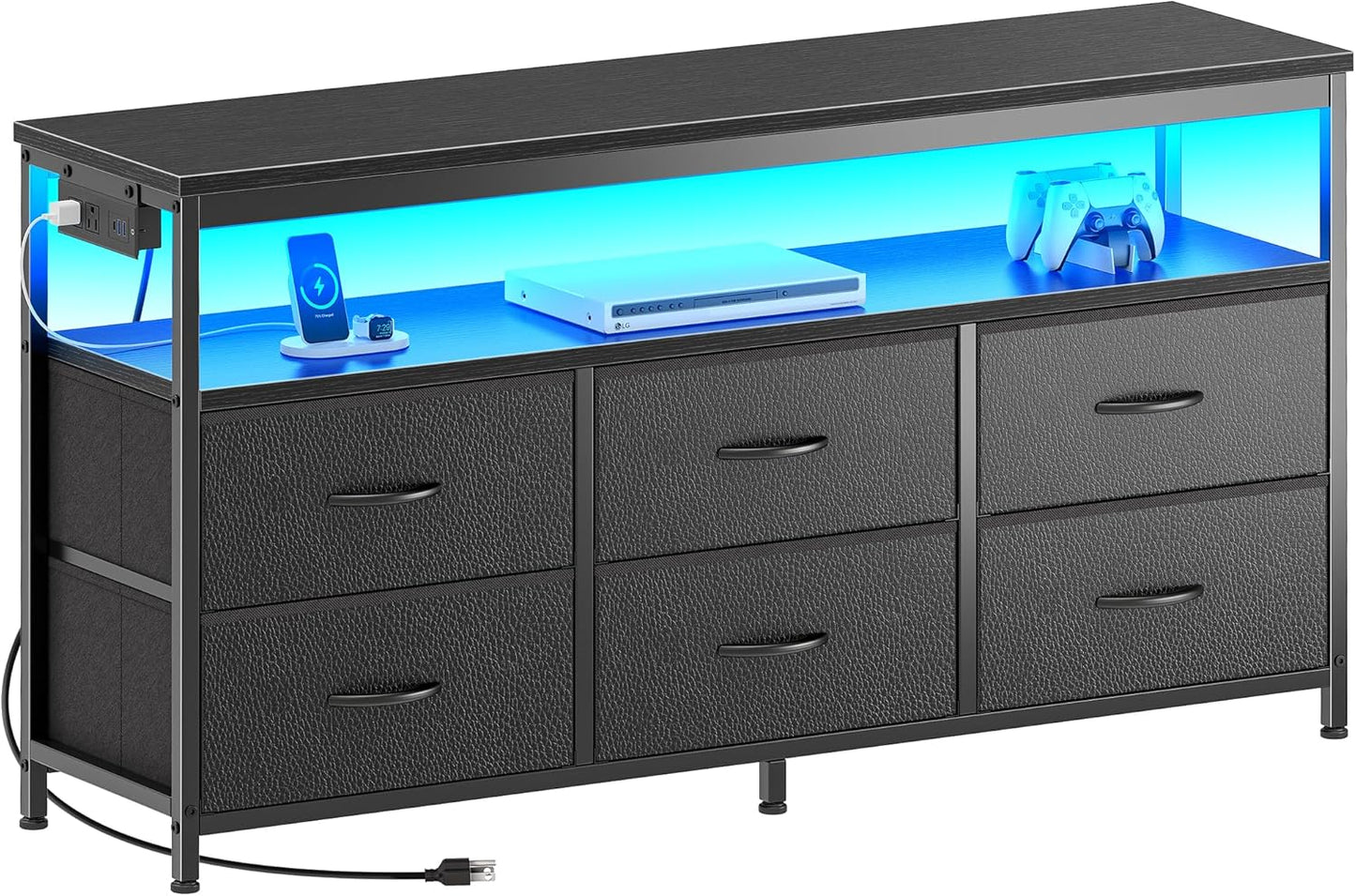 LED TV Stand for Bedrooms and Living Rooms, 47-Inch Dresser with Storage for 43, 50, and 55-Inch TVs, Black Entertainment Center with Power Outlets and 6 Drawer Fabric Dresser