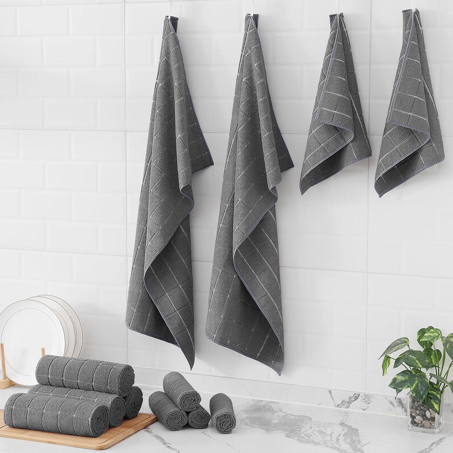 Microfiber Kitchen Towels and Dishcloths Set, 12 Pack Soft and Absorbent Dish Hand Towels Bulk, 28 X 16 Inch & 12 X 12 Inch Quick Drying Rags for Washing Dishes, Grey