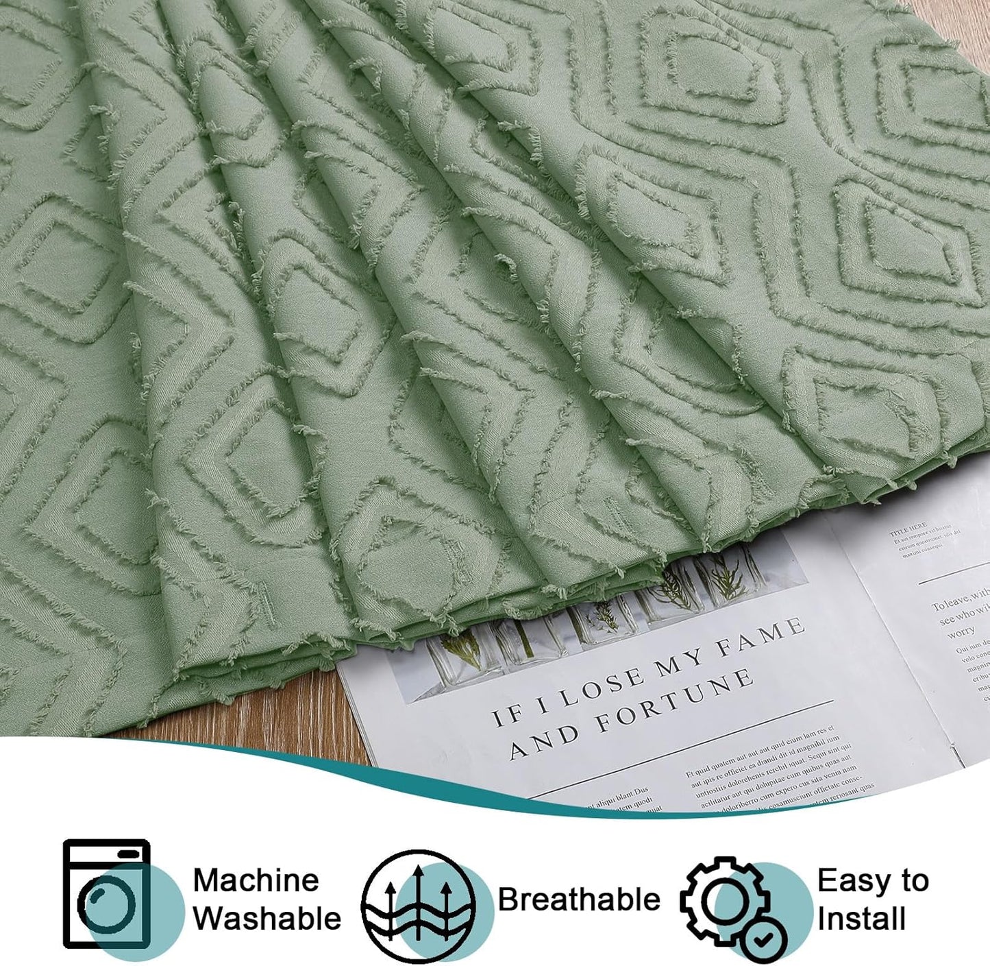 Diamo Stall Small Shower Curtain 36X72 Inch, Sage Green Premium Geometric Jacquard Textured Fabric for Bathroom, Soft Airy Wrinkle Free Decorative Shower Curtain with 12 Plastic Hooks