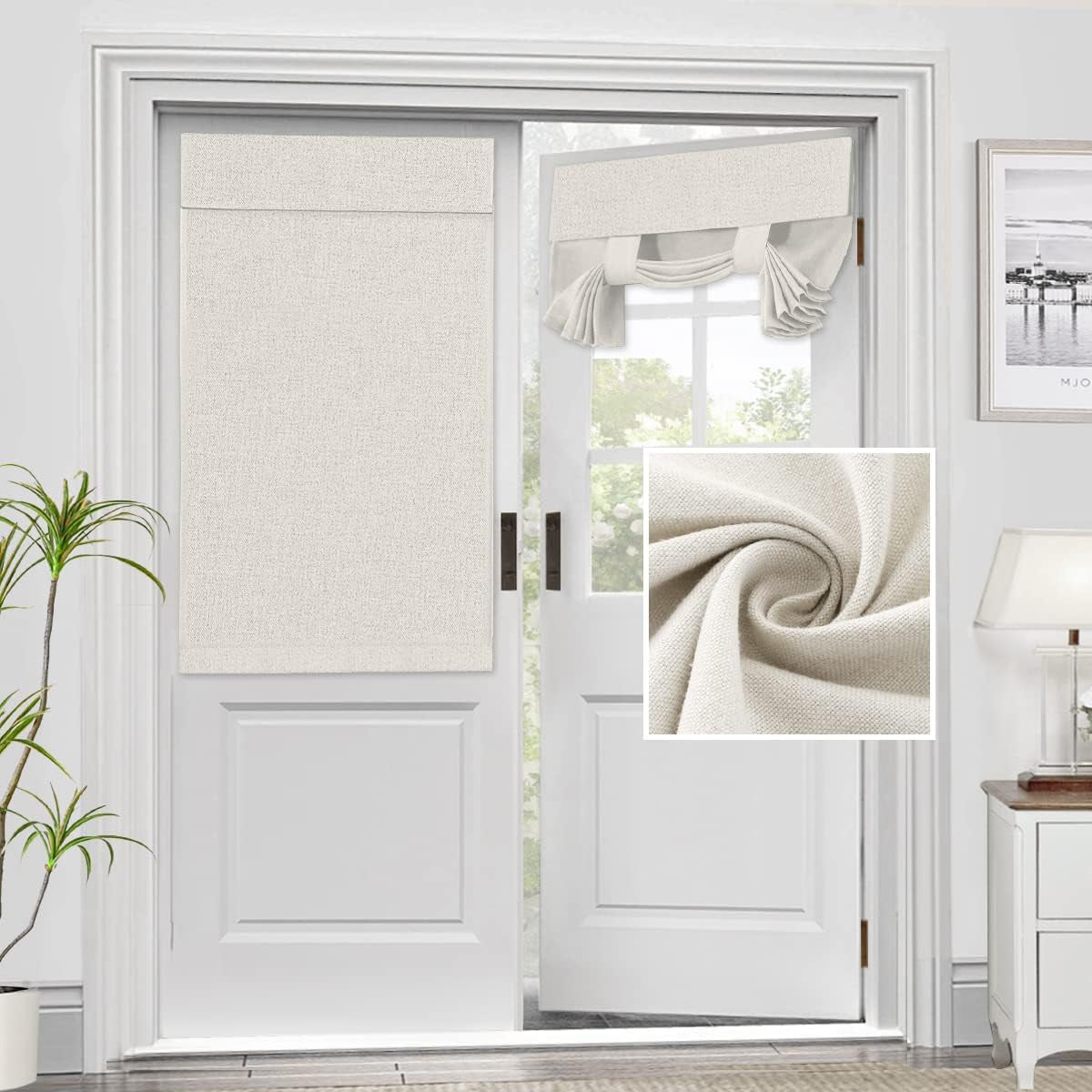 French Door Curtains Linen Textured Privacy Blinds Kitchen Window Curtains Waterproof 26 X 40 Inch Room Darkening for Glass Door Tie up Shade, 1 Panel, Heather Ivory