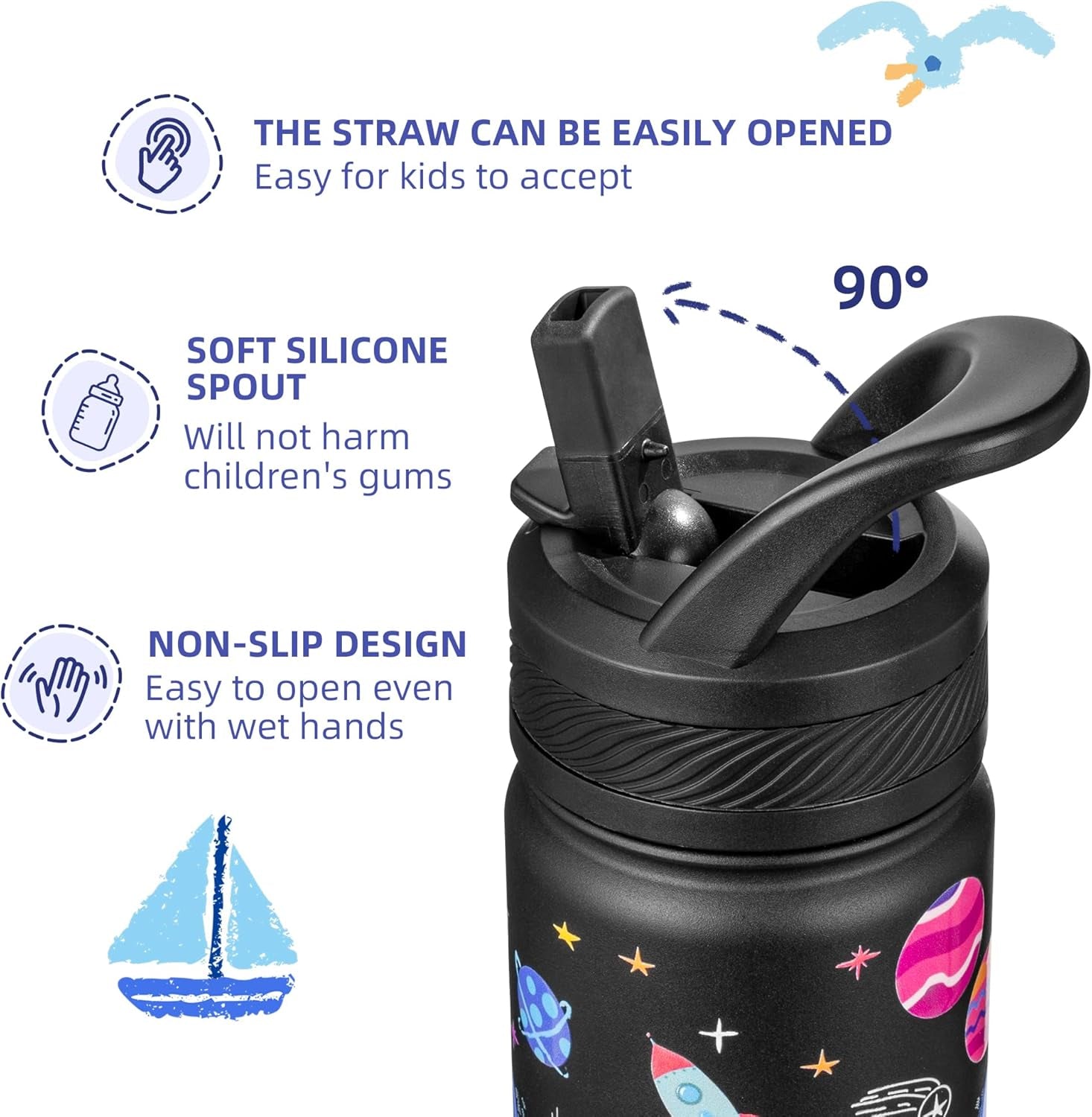 14 Oz Kids Insulated Water Bottle with Straw - Stainless Steel Double Wall Vacuum Cup, Leakproof, BPA Free, Suitable for Boys and Girls(Black - Solar System)